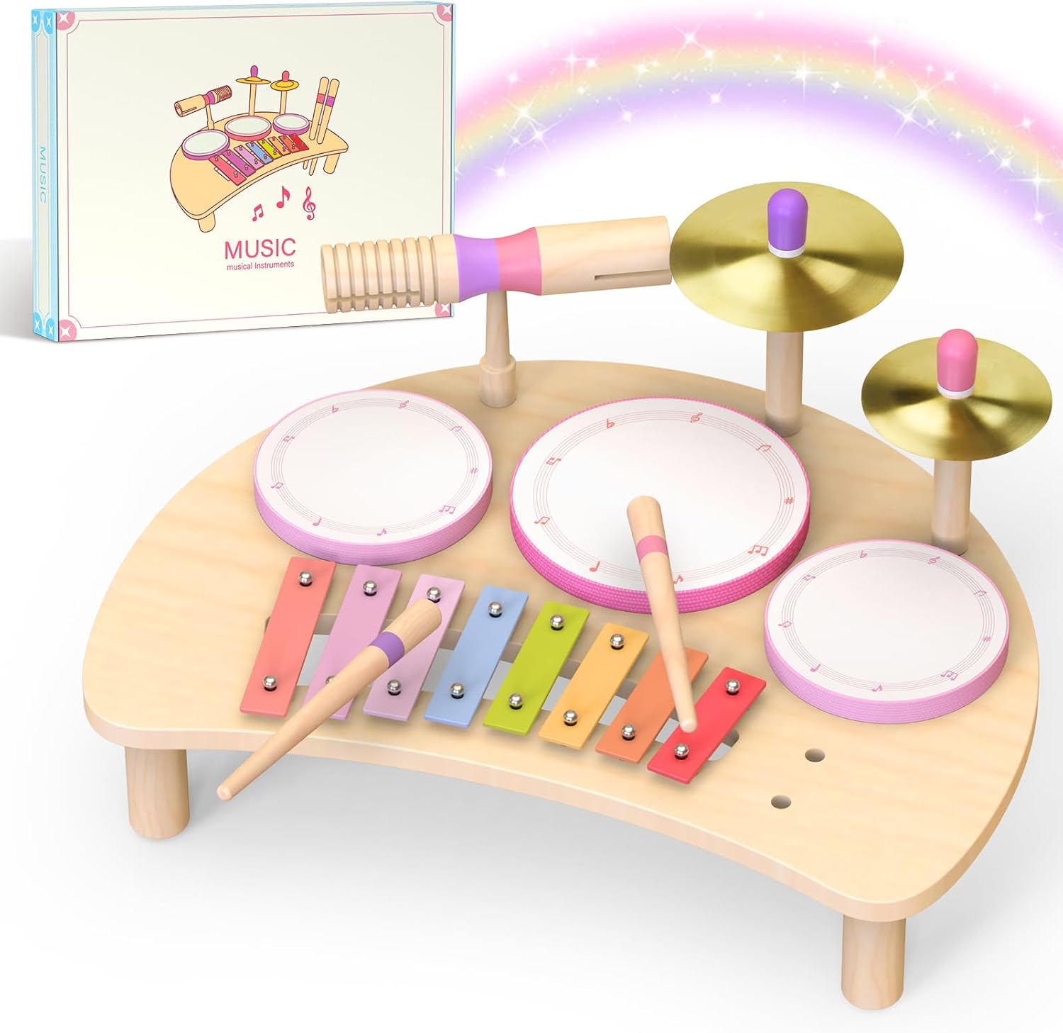 Juego de Tambor Musical para niñas de 1 a 3 años | Montessori Juguete Musical de Madera a Partir de 1 año | Kit de Tambor Infantil con xilófono | Juguete Educativo cumpleaños