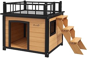 PawHut Hundehütte Hundehaus mit Balkon, Erhöhtes Kleintierhaus mit Treppe, Fenster, Hundehöhle für Kleine, Mittele Hunde, Tannenholz, Gelb, 121 x 77 x 78 cm