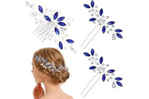 PAOTXPUM 3 PCS Blue Rhinestone Hair Comb Peatl Leaf Hair Side Comb Grace Fashion Anti-slip Crystal Bridal Headpiece Handmade Wedding Prom Bridesmaids Women Girls Hair Accessories for Thick Thin Hair （Silver）