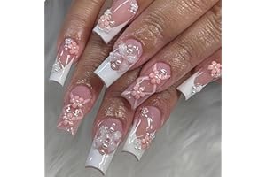 GlamRays 24 pezzi Lunghi Square Press on Nails Unghie Finte Francesi Bianche Nude Rosa Finte Unghie Finte con Fiocco Fiocco Fiore Perla Disegni Lucidi Unghie Artificiali