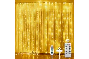 AOMIG Kurtyna świetlna, 3 x 3 m, 300 diod LED, 8 trybów, łańcuch świetlny, wodoodporna, do okna, zasilanie USB, do wewnątrz, na zewnątrz, do sypialni, na wesele, do ogrodu, ciepła biel