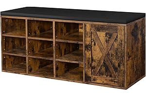 ‎VASAGLE VASAGLE Ławka na buty, szafka do przechowywania, stojak na buty z 9 otwartymi przegrodami i szafką, z tapicerką, 110 x 30 x 48 cm, drzwi rustykalne, brąz vintage LHS058X01