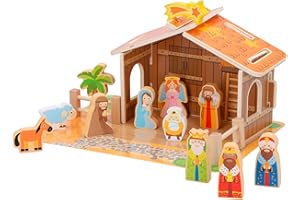 WOOMAX Portal de Belén de Madera Infantil, 20 Piezas, Nacimiento Navidad, Pesebre, Reyes Magos, para niños +3 años, Decoración navideña (46204)