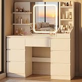 Devoko Makeup Vanity with LED Mirror 3 Adjustable Tones, Makeup Table with 7 Large Drawers and Storage Shelves, Modern Bedroo