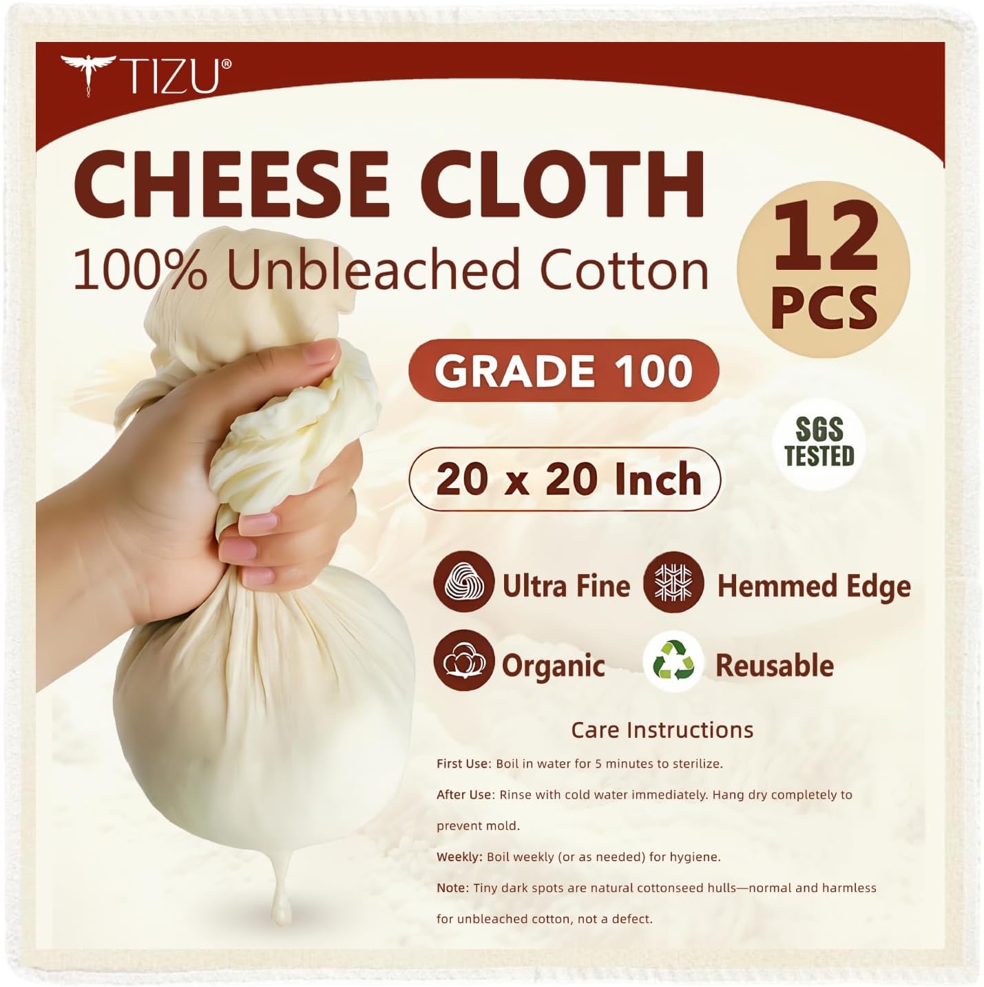 12 Piezas Paños de Queso 50x50cm-Grado 100 Algodón no Blanqueado al 100% Reutilizable para Filtrado Hacer Leche de Nueces, Yogur y Queso (Tela de Filtración, Cheese Cloth, 12Pcs) (12 Pcs)