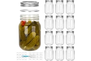 CulnCraz 16 oz Glass Regular Mouth Mason Jars, 12 Pack Wide Mouth Glass Canning Jars with Silver Aluminum Lids and Bands, Airtight Jars for Food Storage, Canning, Fermenting, Pickling, Decor