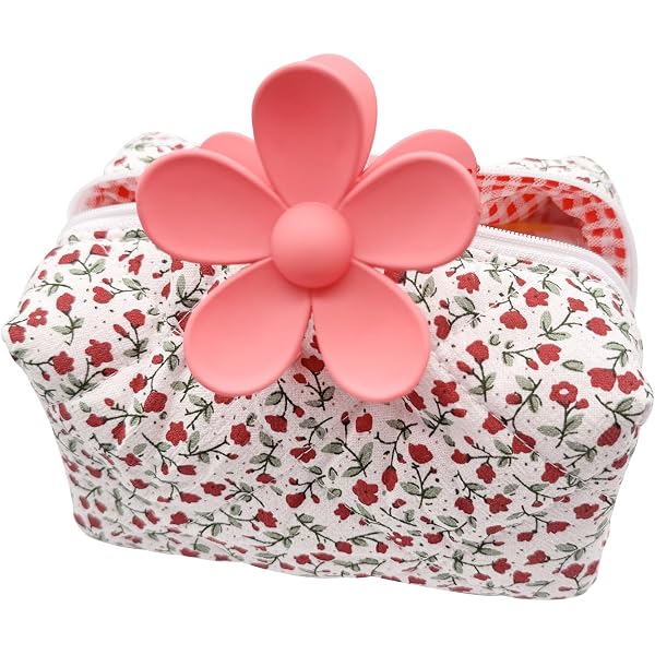 Blümchen Kosmetiktasche Aus Baumwolle – 17,5x10,5x10 Cm, Rosa Mit Blumenmuster, Reißverschluss, Inkl. Haargummi