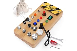 HOAROSALL Jouet Montessori Busy Board avec 6 Interrupteurs LED et 8 Vis Planche à Vis avec Pochette de Rangement, 3 Outils Jouet Bois pour Enfants Jouet Educatif pour Les Tout-Petits de 3 Ans et Plus