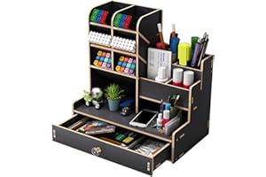 CATEKRO Desk Organiser, Wooden DIY Desktop Tidy Pen Holder, Large Capacity Stationery Storage Box with Drawer for Home, Office and School(Samll-black)