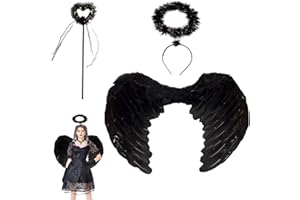 MIVAIUN 3 Pieces Black Angel,Feather Angel Wings,Angel Fairy Wings,Stage Performance Dress Up Supplies,Angel Wings Dress Up for Children Adults Halloween Children's Day Holiday Props (Black)