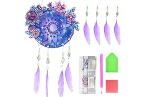 RUIJIE Diamond Painting Traumfänger Bastelset,Windspiele Sonnenfänger Lila Blumen Bastelset Handgemachte Dreamcatcher mit Federn Basteln Mädchen Kinder Erwachsene für Wand Eingang Garten Dekoration Geschenke