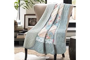 Cozyholy Oryginalna 100% Bawełniana Patchworkowa Kołdra Pełny Rozmiar Queen Niebieska Kwiatowa Narzuta Dwustronna Vintage Shabby Chic Pikowana na Kanapę Sofę