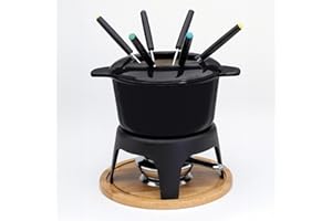 Baumalu, Service à Fondue Fonte Émaillée Noir pour 6 Personnes, Taille 17 cm, Comprend Caquelon, Couvercle Anti Éclaboussure, Brûleur et 6 Fourchettes, Idéal pour Repas Conviviaux