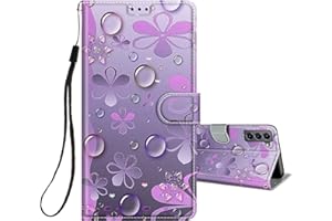HopMore Funda para Samsung Galaxy S22 5G Cuero con Tapa Silicona Dibujo Bonita Carcasa Billetera Resistente Estilo Libro Case para Mujeres Niñas Ranuras Tarjetas Cover 360 Grados - Flor púrpura