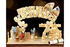 Giftota Original 75. Geburtstag Geldgeschenke Holz mit LED Lichterkette, Geschenke zum 75 Geburtstag Mann Frau, 75er Geburtstagsgeschenk