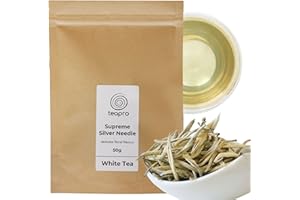 Teapro Supreme Silver Needle White Tea 50g | Bai Hao Yin Zhen Loose Leaf Tea | 1st Harvest Pure Unblended Silver Needle Tea | Chinese White Tea