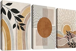 HALFLEMART 3 Pcs Boho Medio Siglo Moderno Marco de Madera Cuadro Moderno Naturaleza Plantas Desierto Sol Lienzo Decorativos Pintura Imagen Bohemio Cuadros Decoracion Salon Dormitorios Baño 30cmx40cmx3