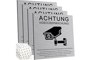 PATRICHOR 4 Stück Achtung Videoüberwachung Schild Privatgrundstück mit DSGVO Hinweis, 15x15cm Aluminium Schilder Kameraüberwachung, mit Selbstklebend und 4 Bohrlöcher, Kamera Überwachung, Warnschild