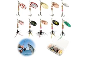 Lotnery 10Pcs Spinner Bait Set, Fishing Lures Set with 360° Rotating Blades, Long Cast Streamline Lures & Triple Hooks for Trout Bass Pike Salmon in Freshwater Saltwater Fishing