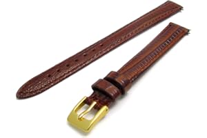 WatchWatchWatch Extra Long XL Women's Leather Watch Strap Band Lizard Grain (Flat Profile) - 10mm Brown with Gilt (Gold Colour) Buckle