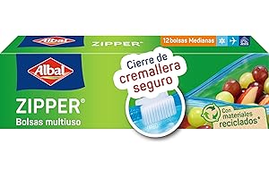 Albal Bolsas multiuso Zipper - Bolsas para comida herméticas, porta alimentos con cremallera para congelar, transportar y conservar alimentos, bolsas para líquidos del avión, 12 unidades medianas