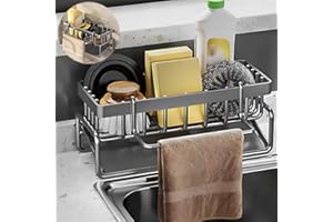ZIGefofo Organizer per Lavandino Cucina Grigio con Ganci Autoadesivi Multifunzionale 2 in 1 Porta Spugna Lavello Acciaio Portaspugne Cucina da Appoggio Stoccaggio per Detersivo Piatti Tappo Lavello