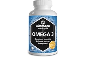 VITAMAZE - AMAZING LIFE OMEGA 3 DHA EPA - 1000 mg par 1 Gélule, D'huile de Poisson pure avec 400 mg (40%) d'EPA et 300 mg (30%) de DHA pour 3 Mois, FOS Certifie, Biodisponibilite Élevée, sans Additifs
