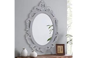 LZUSO Oval Wooden Hanging Mirror Grey Carved Frame Wall Mirrors Rustic Vintage Decorative Aesthetic for Vanity Bedroom Living Room Entryway Farmhouse 24"x16"