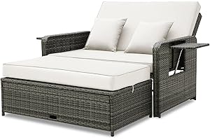 COSTWAY Garden Rattan Daybed, 4-Level Adjustable Patio Wicker Loveseat Sofa Bed Sun Lounger with Storage Ottoman, Retractable Tray & Cushions, Outdoor Double Conversation Furniture (White+Mix Grey)