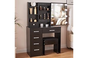 Ereousa Postazione Trucco, Toilette Trucco con Sgabello e Specchio, Toletta da Trucco con 6 Cassetti, 6 Ripiani, Nero 36x80x131cm, H121629