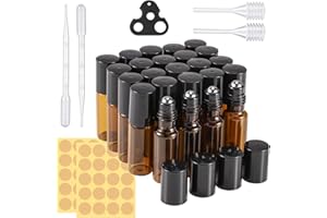 ‎NEWOFVIEW Newofview Ätherische Öle Roller Glasflaschen, 24 Stück Roll on Flasche Leer 5ml, mit Edelstahl Roller Ball, Tropfer, Öffner, Aufkleber, Probe Glasflaschen für Duftstoff, Parfüm, Massage, 31 Pack