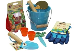 Little Pals Kids Gardening Set, Bucket of Fun, Blue, with Kids Garden Tools, Gloves and Popcorn Seeds