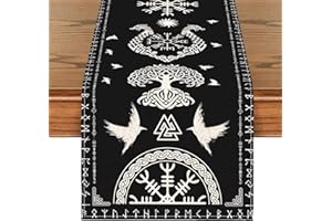 YCLEKIQA Vintage Viking Pattern Table Runner, 71x13In Black & White Viking Tree of Life Raven Helm of Awe Table Runner for Seasonal Kitchen Dining Table Decor Home Party, Wedding, Holiday Decorations