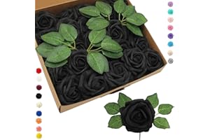 COSORO 25 pièces Fleurs Artificielles Roses Artificielles Noir,Mousse Faux Roses avec Tiges Décoration Florale pour Anniversaire Mariage Gâteau Fête Jardin Artisanat Douche Nuptiale Saint Valentin