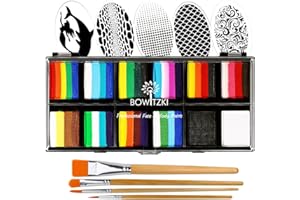 Bowitzki Professionelles Schminkset für Kinder und Erwachsene, 12 x 10 g, Schminkset mit Schablone, One Stroke Split Cake, ungiftig, Regenbogen, Flora, Delfin, Einhorn, Flamme, Körperbemalung, Make-up