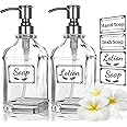 ACCL Versatile Glass Soap, 12 Oz Dripless Stainless Steel Pump Bottle, Refillable Liquid Hand Jar Dispenser for Bathroom, Countertop, Kitchen with 8 Waterproof Labels-2 Pack