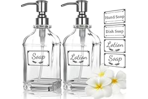ACCL Versatile Glass Soap, 12 Oz Dripless Stainless Steel Pump Bottle, Refillable Liquid Hand Jar Dispenser for Bathroom, Countertop, Kitchen with 8 Waterproof Labels-2 Pack
