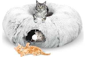 dellyy Tunnel pour Chat Rond avec Coussin Lit,Tunnel de Couchage pour Chat, avec Tapis Amovible et Boules Tremblantes, Gris Clair