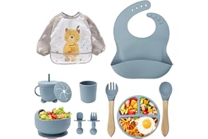 CUBTEM Baby Weaning Set,11PCS Silicone Baby Feeding Set with Suction Bowl and Baby Plate, Silicone Bib,Spoon,Fork & Sippy Cup,BPA Free Weaning Set, Baby Cutlery,Baby Gifts & Presents (Blue)