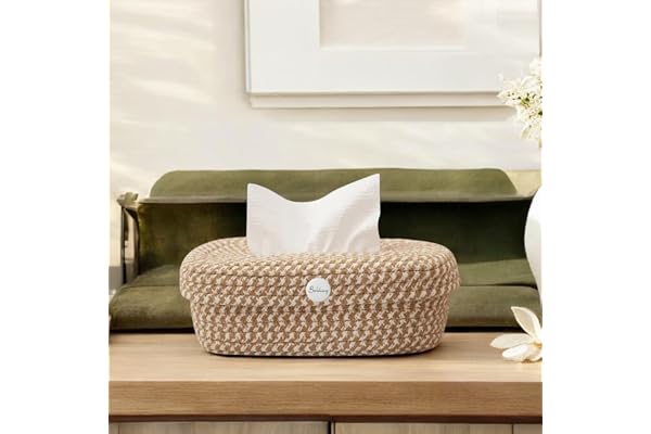 BOBBINY Jute Cotton Tissue Box Holder, Handcrafted Tissue Container for 100 Pulls Natural Tissue Holder for Office Living Bedroom Car Desk Dining Table Home Decor (Brown Mix, Rectangle)