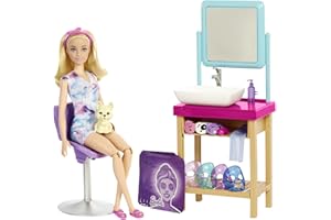 Barbie-Playset SPA con Bambola Bionda con Maschere, Fiocchetti, Cucciolo e Accessori, Giocattolo per Bambini 3+ Anni, HCM82