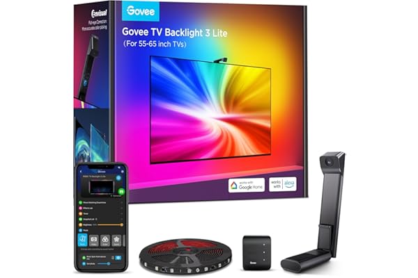 Govee TV Backlight 3 Lite con corrección de ojo de pez de cámara, 3,6m para TVs 55-65 pulgadas, retroiluminación LED RGBICW 4en1, WiFi, compatible con Alexa y control por app
