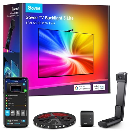 Govee TV Backlight 3 Lite with Fish-Eye Correction Function, Sync for 55-65 Inch TVs, 3.6 m RGBICW WiFi TV LED Strip with Camera, 4 Colours in 1 Lamp Bead, Voice & App Control