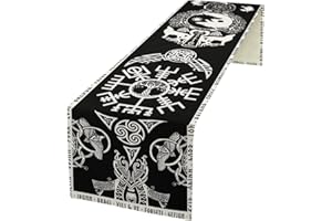 kikomia Baumwolle Leinen Tischläufer Rechteckige Wikinger Wolf Odin Raben Baum Couchtisch Esszimmertisch Schlafzimmer Party Urlaub (33×183cm, Black)