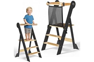 COSYLAND Montessori Lernturm ab 1 Jahr klappbar – Höhenverstellbarer Kinder Lernturm | Faltbarer Montessori Tower Learning Tower | Lernstuhl Kinder ab 1 Jahr Kitchen Helper - Dunkelgrau-Natur