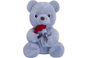 SNOWOLF Orsacchiotto peluche con rosa, simpatico peluche giocattolo, idea regalo per bambini, ragazzi, ragazze, compleanno, Natale, San Valentino (23 cm, grigio)