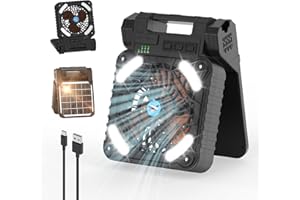 Smiling Shark Portable Camping Fan, 6000 mAh Rechargeable Solar Tent Fan Light 4 Speeds Powerful Wind 3 Timer 90° Foldable Cordless LED Desk Fans with Power Bank for Camping Fishing Ourdoor Hiking