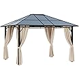 Outsunny 3 x 3.6m Hardtop Gazebo Canopy with Polycarbonate Roof Garden Pavilion with Removable Curtains and Steel Frame, Brown