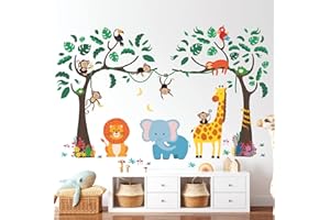 DECOWALL SG-2112 Jungle Tree and Animals Pegatinas de pared para niños Calcomanías de pelar y pegar extraíbles para guardería, dormitorio, sala de estar, arte, murales, decoraciones