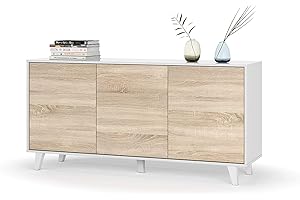 Mobelcenter - Mueble Aparador Moderno - Color Blanco Brillo y Roble Canadian - 3 Puertas - Medidas: Ancho: 154 cm x Fondo: 41 cm x Alto: 75 cm - (0737)